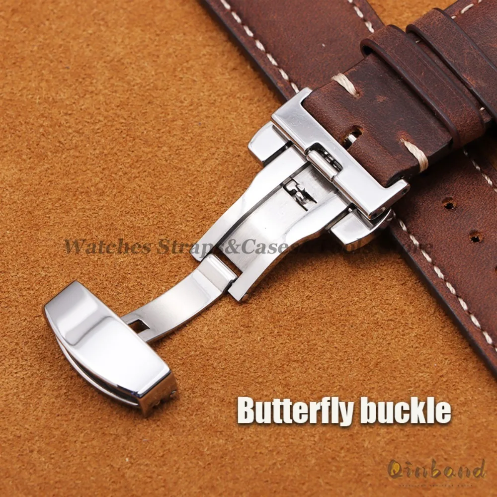 Genuine Cowhide Leather Band for Omega Business Watch Band for Seiko 14/16/18/20/22/24mm Butterfly Buckle Stitching Brown Straps image 3