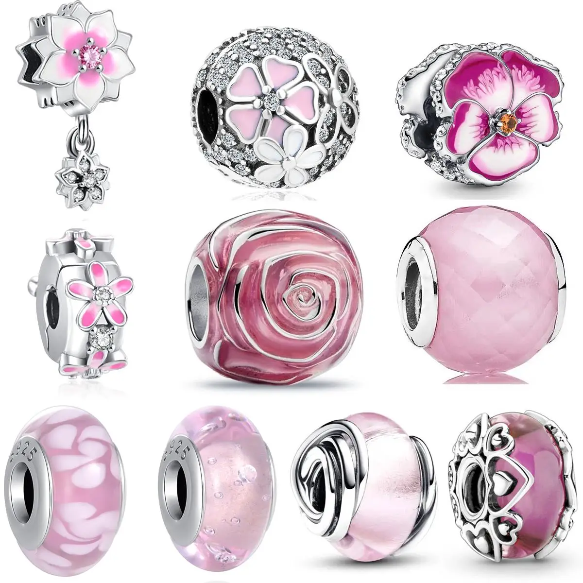 Gran oferta de dijes de plata de ley 925 rosa, colgante de corazón, cuentas de Murano, colgante de flor, joyería DIY compatible con pulsera Original