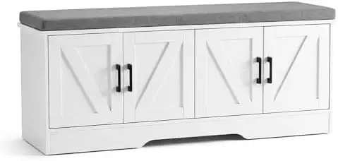 47" Wide Shoe Bench with Storage, Padded Seat Cushion, 4 Doors & Adjustable Shelf for Entryway, White