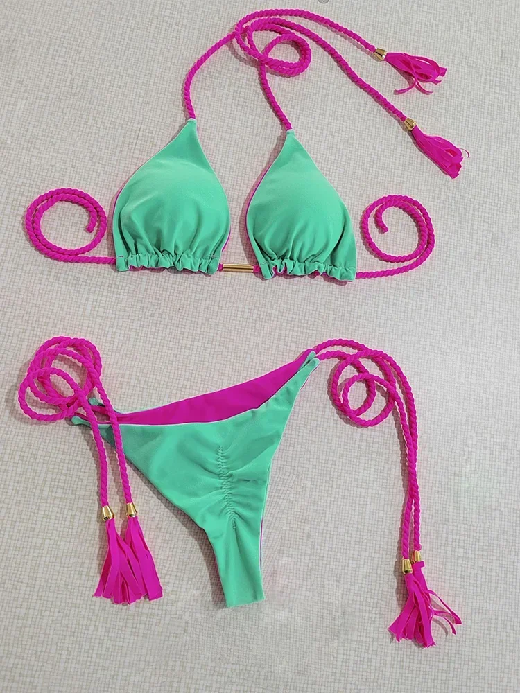 

Sexy Triangle Bikini 2 Piece Set Women Laced Up Split Swimsuit High Waist Beach Style Bikini 2025 New Summer Swimwear Bikini Set