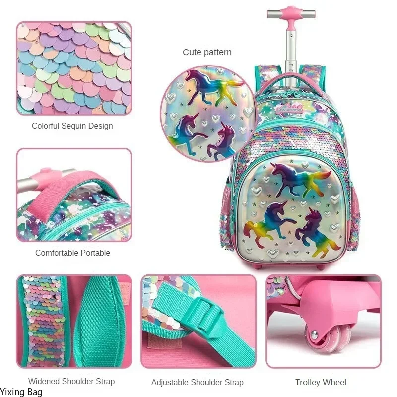 Primary School Backpack for Girls Set School Bags for Elementary Student Boys Sequin Backpack Travel Luggage Trolley Bags