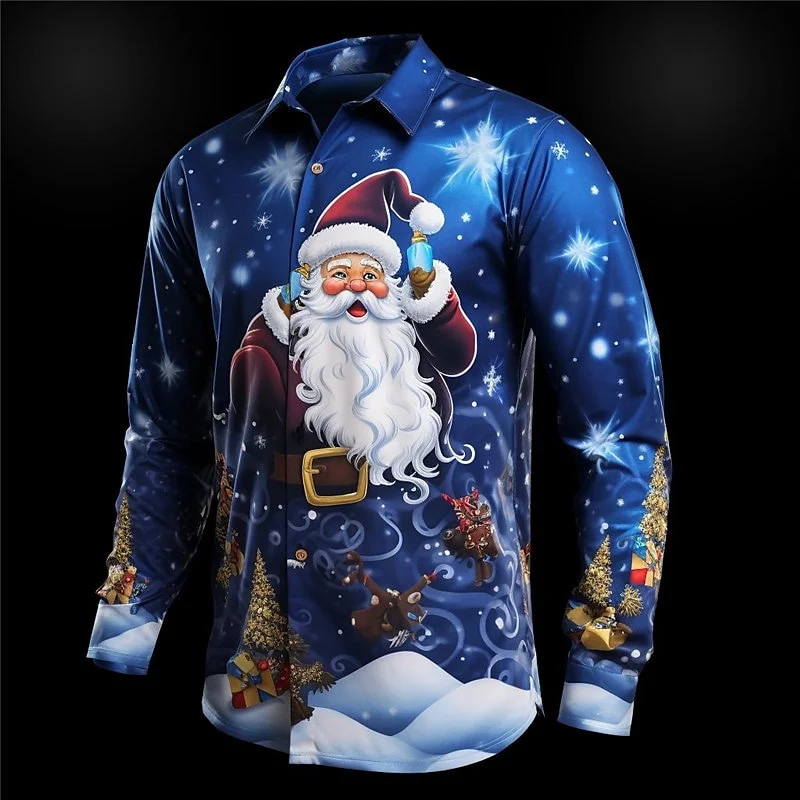 

Men's Long Sleeve Shirts 3D Christmas Snowflake Santa Claus Pattern Printing Shirt Fashion Lapels Clothing For Men Oversize Tops