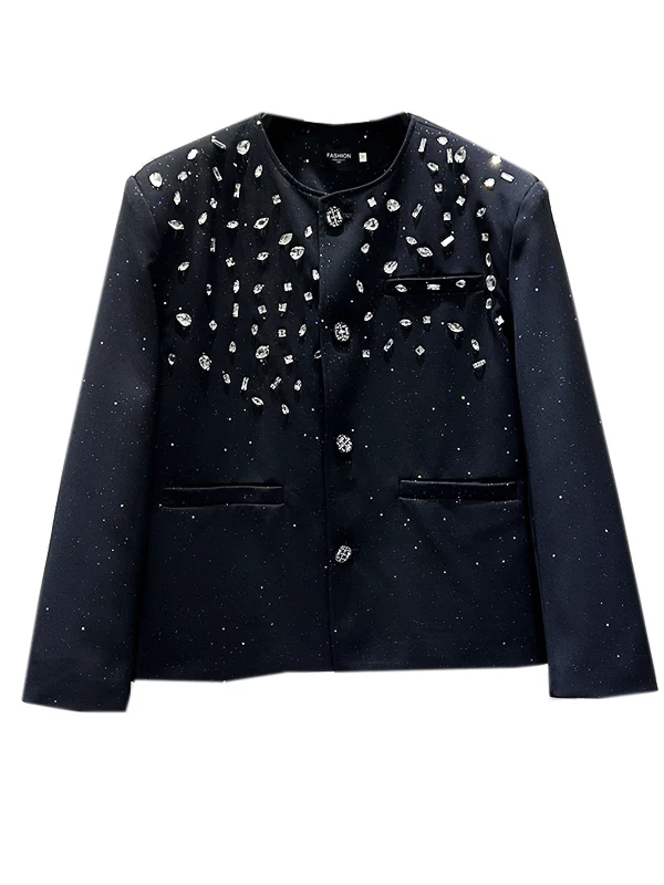 2025 Autumn New Heavy Embellished  Jacket for Men Korean Version Light Luxury Casual Loose Turn-down Collar Jacket