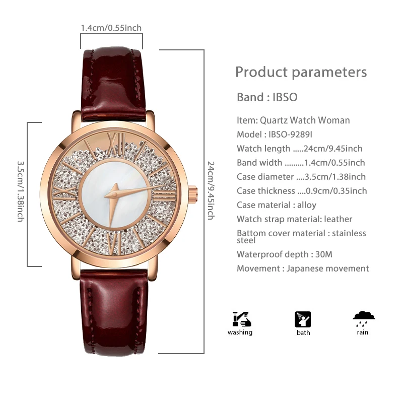 นาฬิกาผู้หญิงแบบดั้งเดิมนาฬิกาควอตซ์สำหรับผู้หญิงสายหนังสีแดงประกายหรูหราสีทองหรูหรานาฬิกาข้อมือผู้หญิงแบรนด์เหล็กกันน้ำ