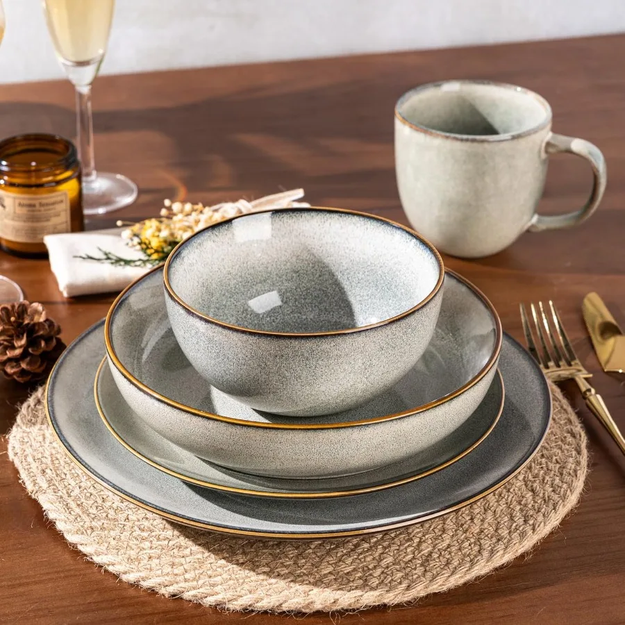 Ceramic Dinnerware Sets for 8 Including 24 Pieces Stoneware Plates and Bowls with Reactive Glaze Ideal for Everyday Dining and
