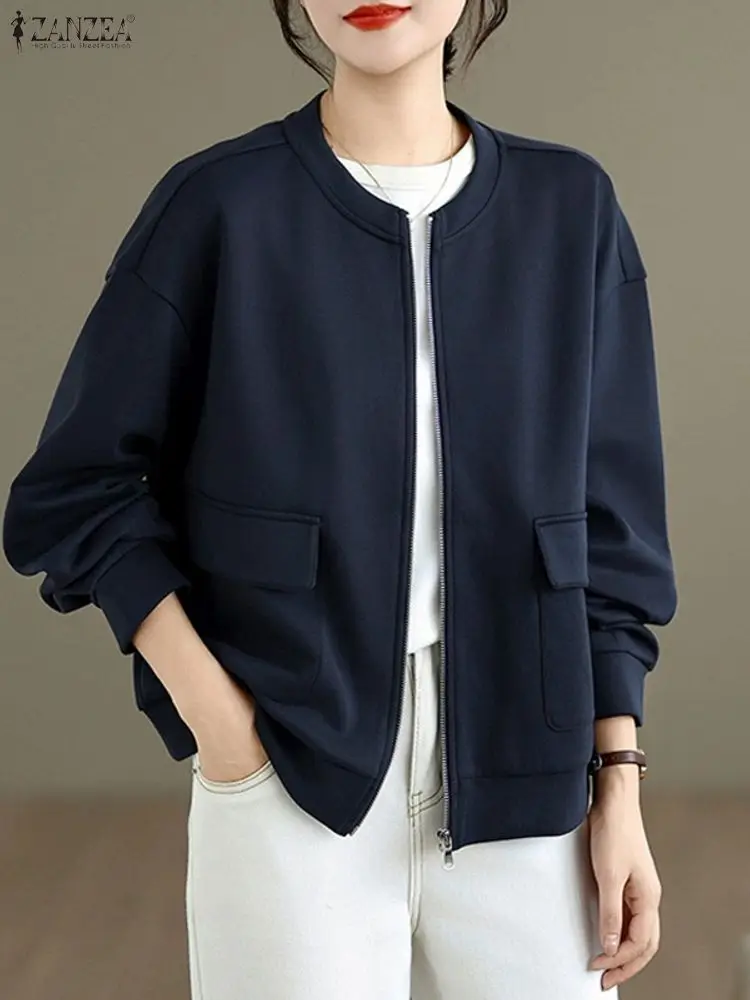 ZANZEA, chaquetas Vintage para mujer, abrigos, cárdigan de otoño, blusas de manga larga, Tops lisos con cremallera, prendas de vestir finas informales con cuello redondo para primavera 2026