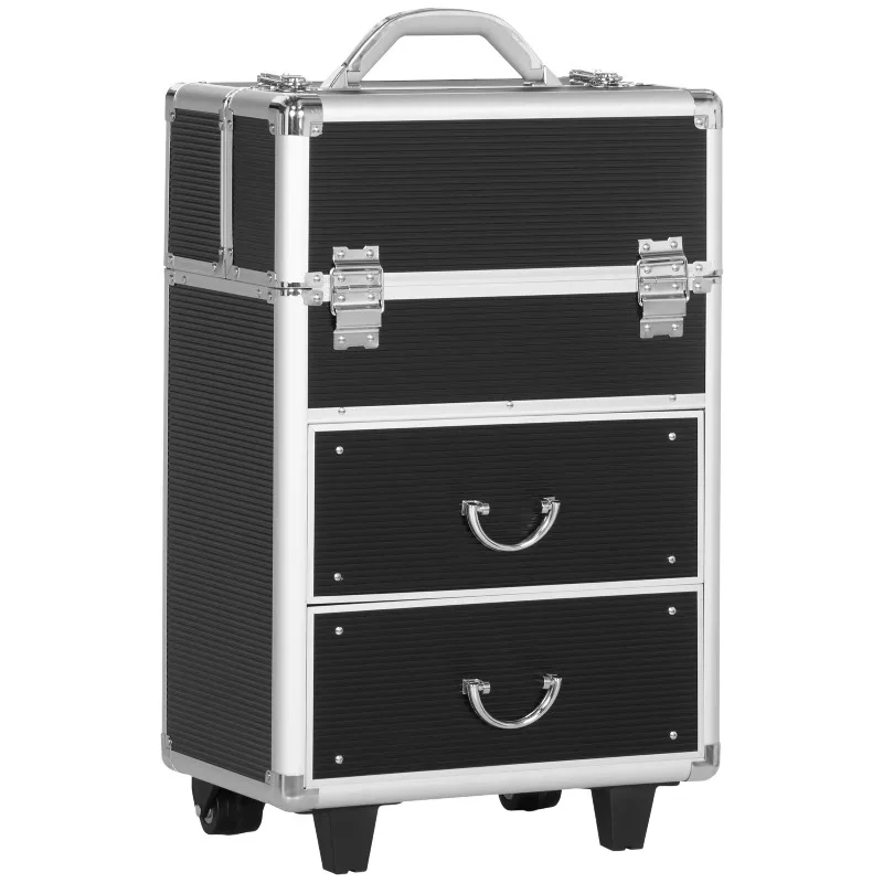 Professional Makeup Case Trolley, Lock with 2 Keys and Wheels, Black 36x23x52cm