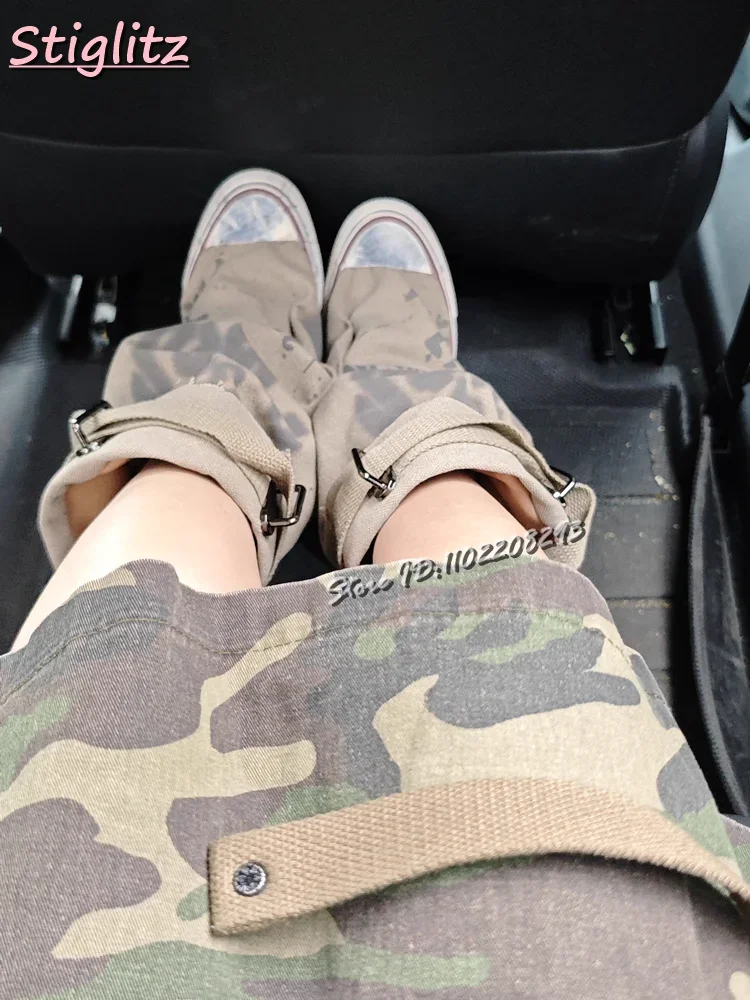 Graffiti Belt Buckle Mid-calf Boots Khaki Canvas Round Toe Slip-on High Top Sneakers Women\'s 2024 Trouser Street Style Shoes