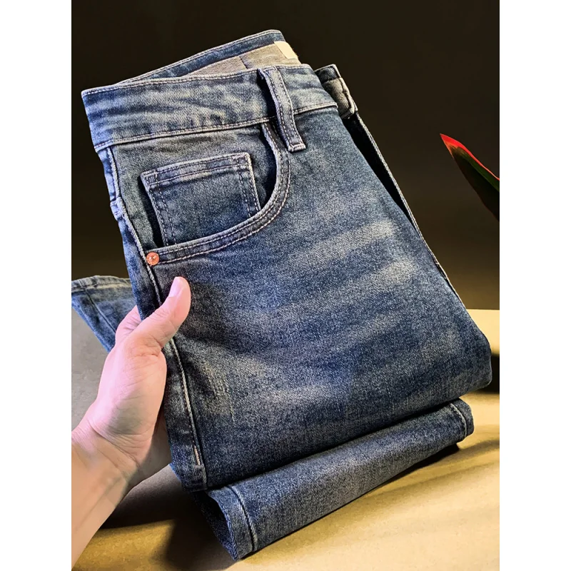 2025 autumn slim fit jeans men's Chinese style embroidered printed small feet casual elastic versatile high-end men's pants
