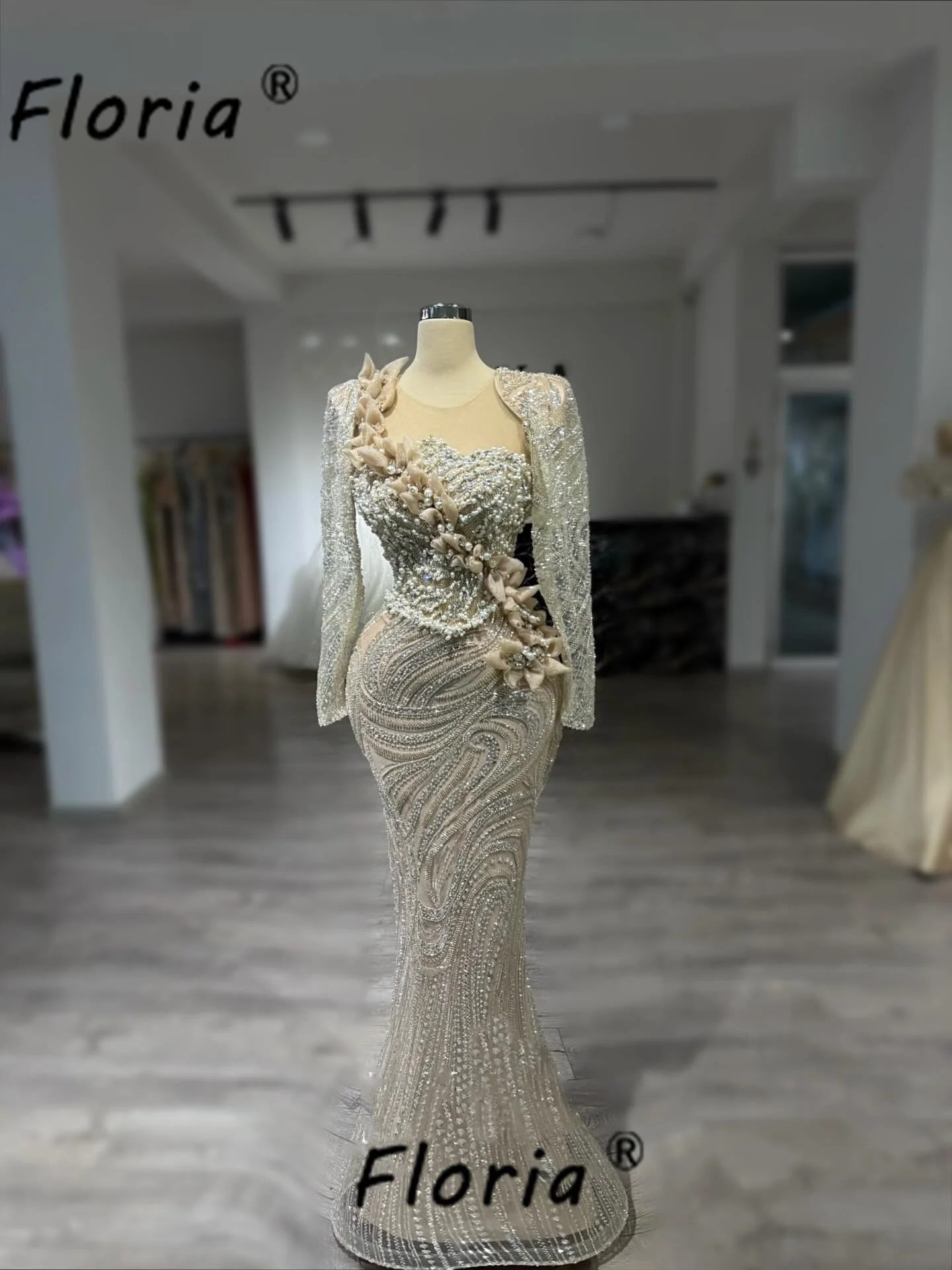 

Elegant Pearls Beaded Mermaid Evening Dresses 2026 Customized Long Sleeve 3D Appliques Prom Dress Wedding Guest Dress Customized