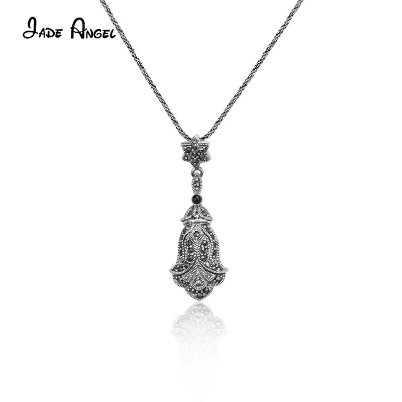 Jade Angel Black Agate Silver Bells Necklaces for Women Marcasite Pendants Authentic 925 Sterling Silver Jewelry Accessoires