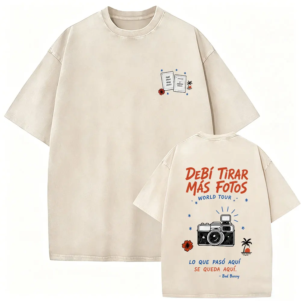 Rapper Bad Bunny Washed Vintage T Shirts Debi Tirar Mas Fotos DTMF World Tour 2026 T-shirt Fashion