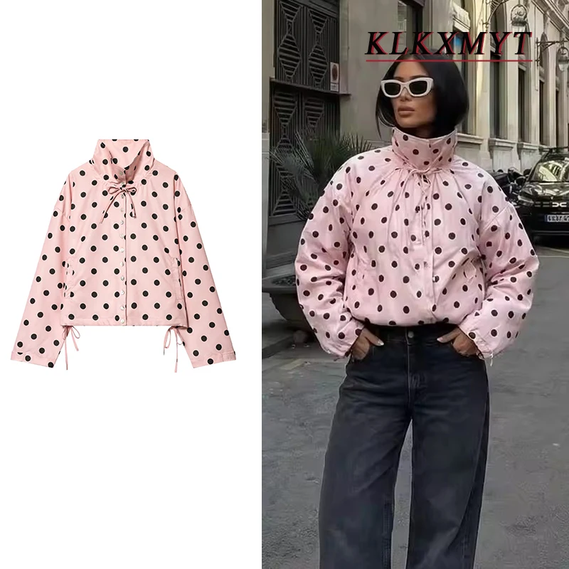 2026 Neue Elegante Damenjacke mit Polka Dots in Rosa, Schnürung, Einreihig, Hoher Kragen, Frühjahrsmode für Frauen, Streetwear
