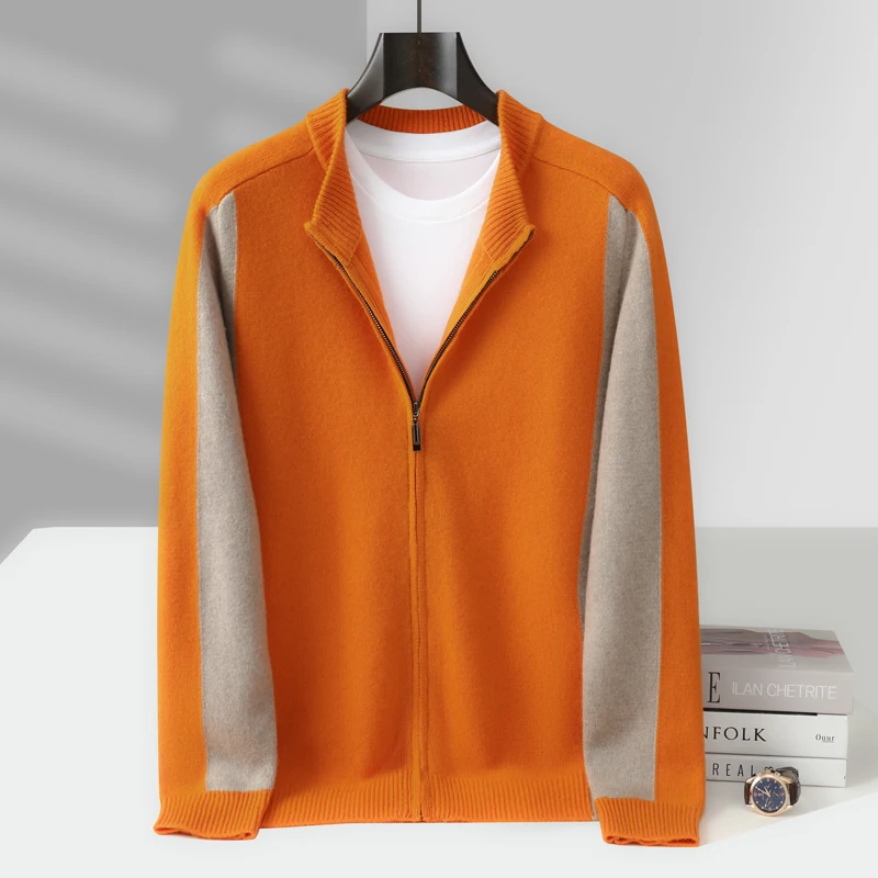 

MVLYFLRT Men's Semi-High Neck Zipper Cardigan 100% Merino Wool Knitted Sweater Thick Warm Autumn Winter Contrasting Jacket 345