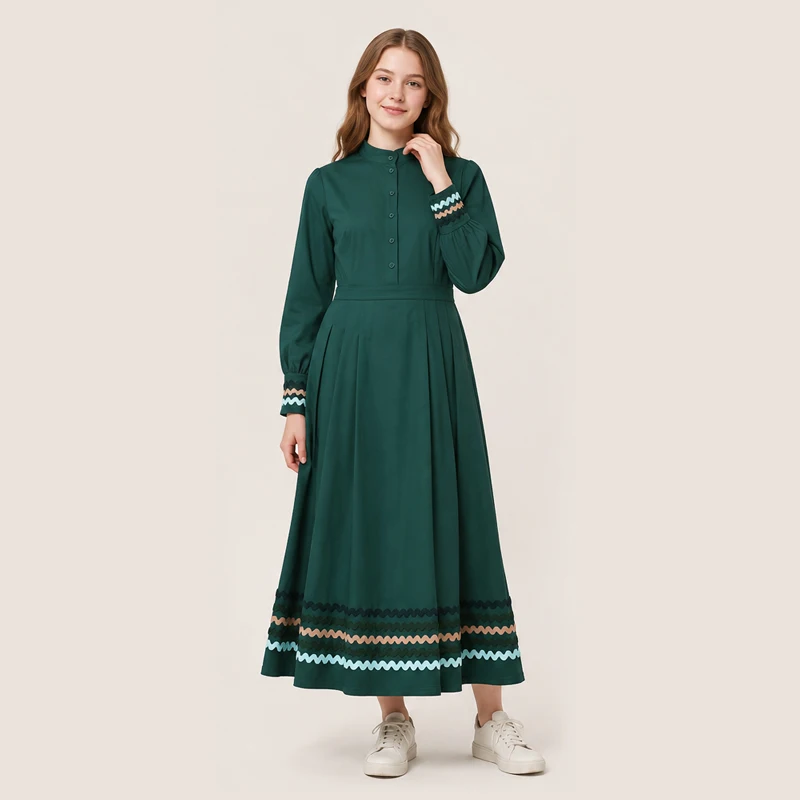 Summer Teens Long Sleeve Dress for Girls with Colored Ribbons Pleated Skirt Stand Collar Side Buttons Placket Ladylike Style