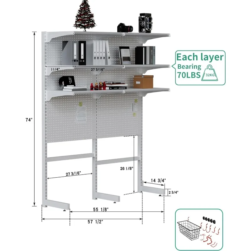 Standing Shelf Unit, White Home Office Garage cabinets with Metal Pegboard and 15 Pieces Organizer,new