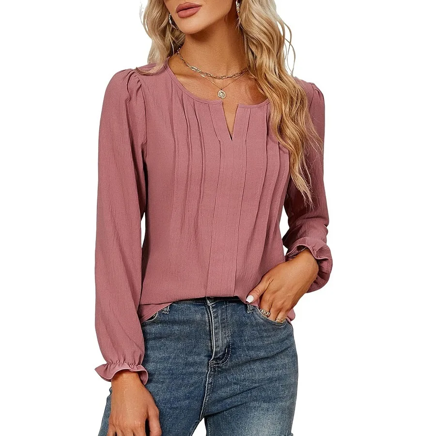 Lady V-Neck Shirt Women Solid Color Long Sleeved Blouse  Spring Autumn Elegant Office Top Clothes