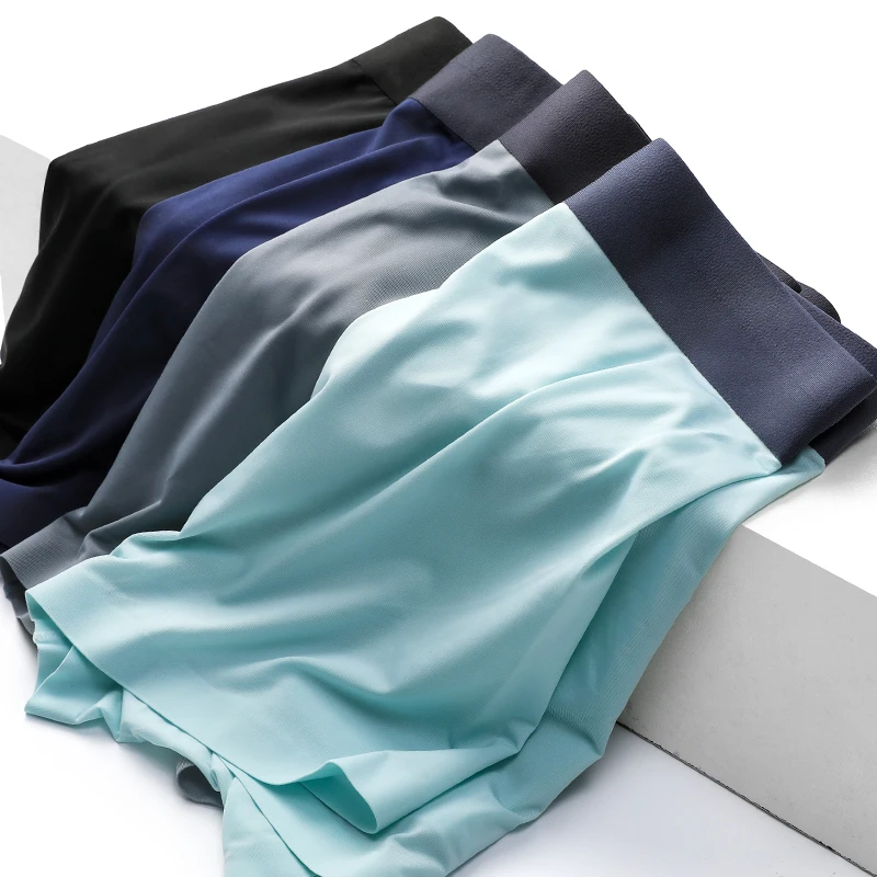4PCS Men's flat pants, ice thread seamless, breathable, antibacterial, crotch style, sports four-corner pants, summer shorts