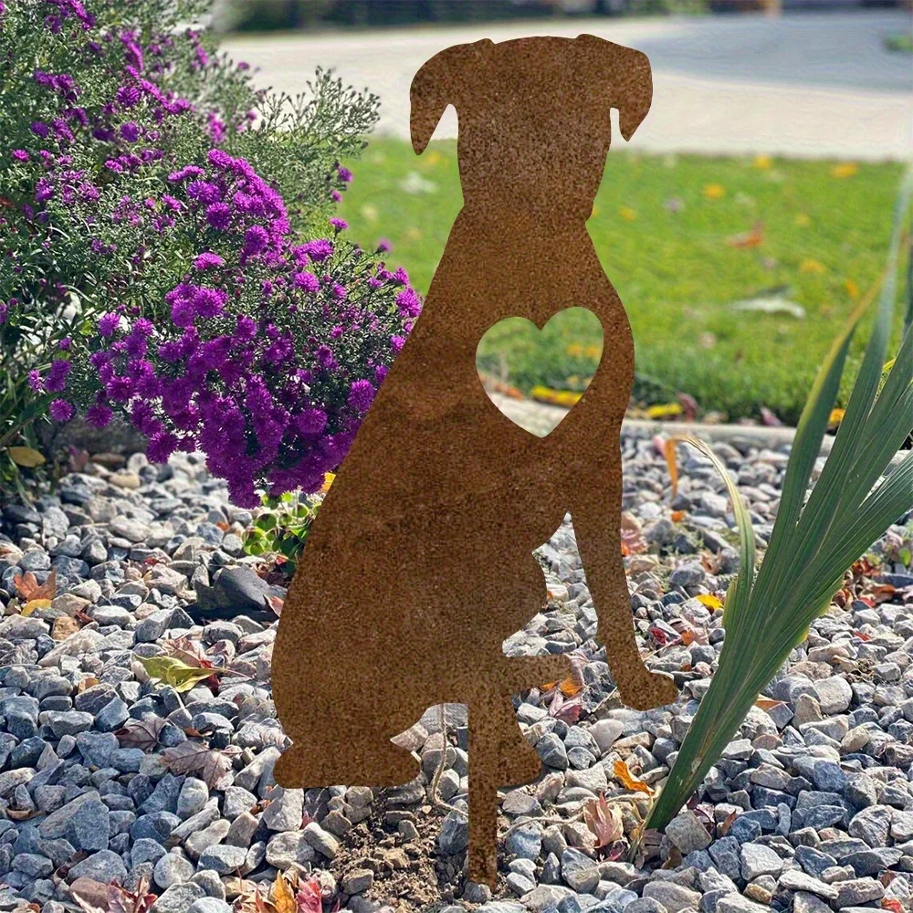 1pc Rust-colored Metal Dog Silhouette Garden Stake Iron Decoration with Heart-shaped Cutout Design, Suitable for Home Courtyard