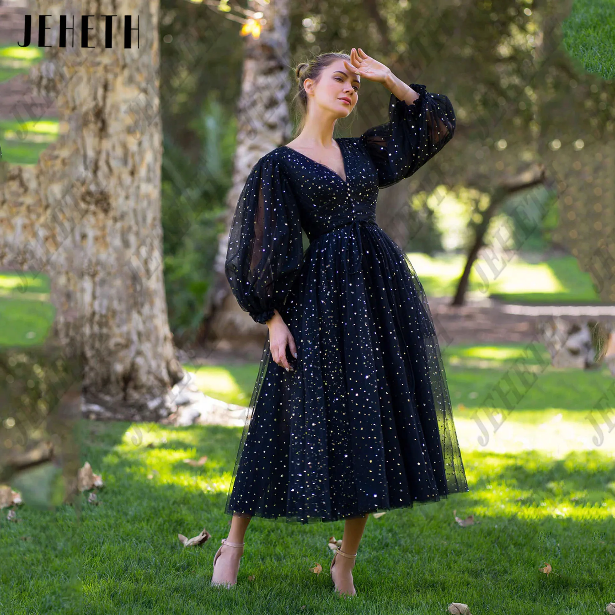 JEHETH-vestido de graduación de línea a brillante para mujer, cuello en V, Espalda descubierta, mangas largas abullonadas, negro, largo hasta el té, de tul vestidos de fiesta, vestidos formalesJeheth brillante vestido