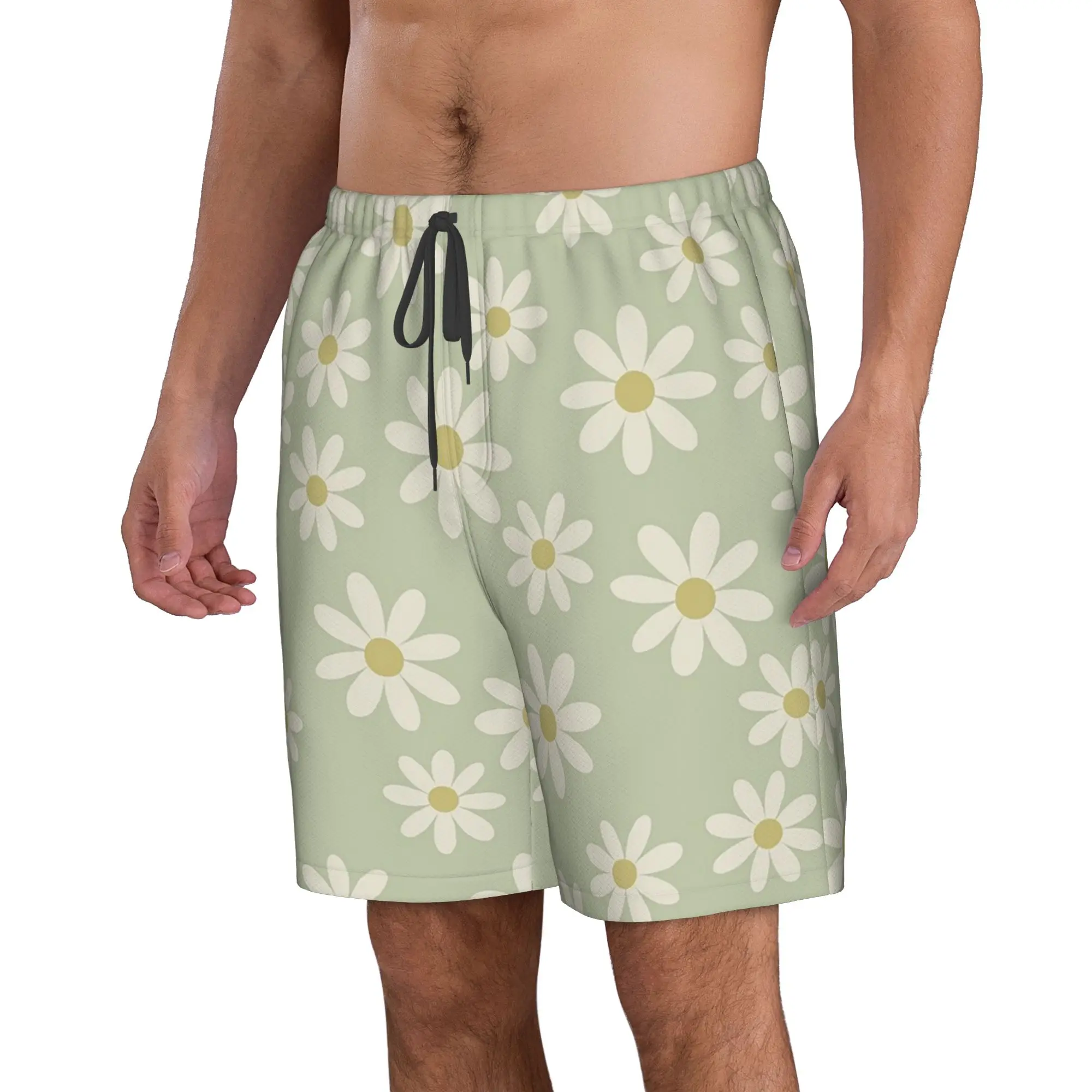Macaron Colour Green Daisy Pattern Trunks Beach Board Shorts Casual Quick Dry Swim Summer Men Pants