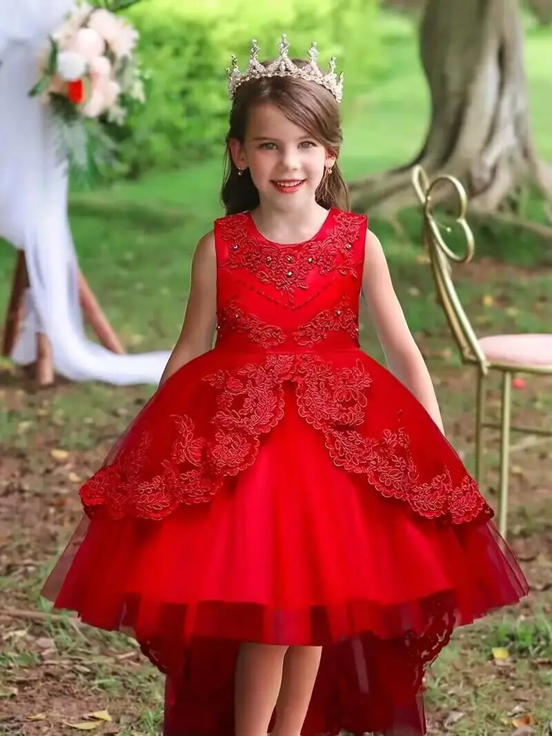 Ragazze Puffy Princess senza maniche fiori di perline ricamo Tulle pizzo Tutu vestito per la festa di compleanno di sera vestiti per bambini #584