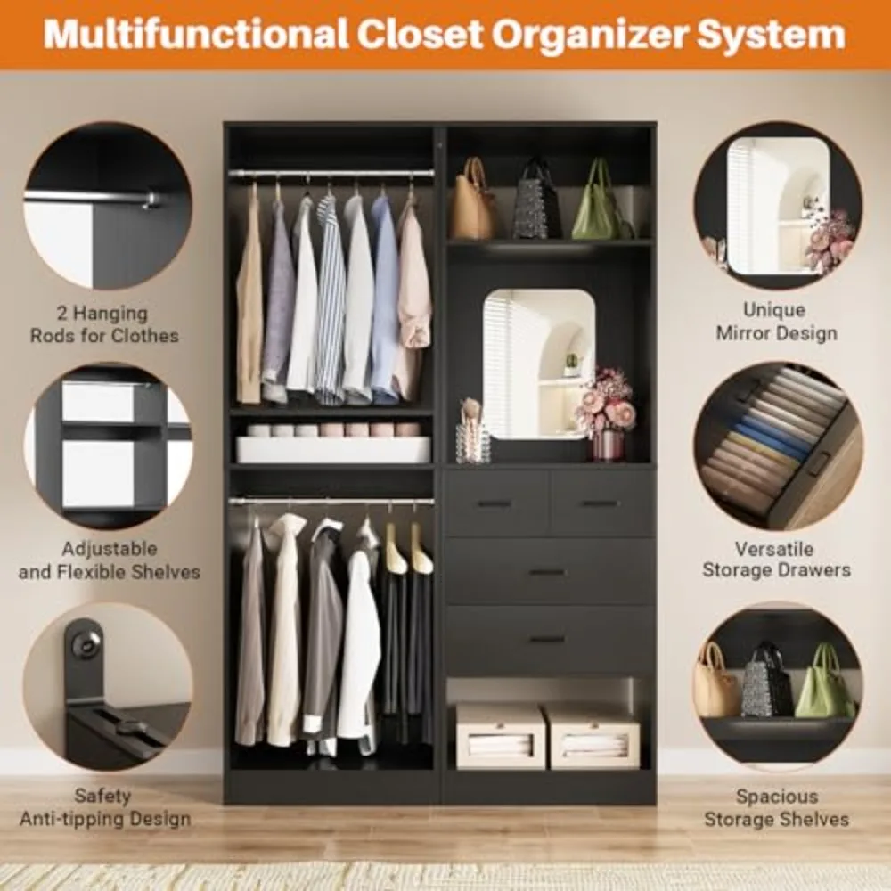 50” Closet System with 4 Drawers, 4.2FT Wood Closet Organizer with Hanging Rods and Mirror, Reversible Small Walk in
