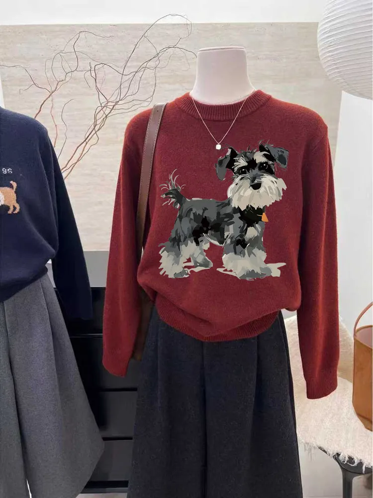 

Festive Wine Red Knitted Sweater Women's round Ne Long Sve Versatile Warm Top Faionable Anti-Aging for Younger Look