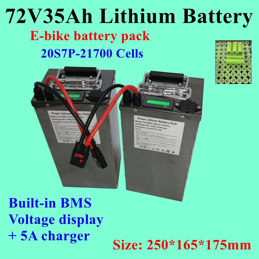 E-bike battery pakk 72v 35Ah Lithium battery BMS for 3000w 5000w 7000W e-bike motor Vehicle tricycle scooters +5A charger