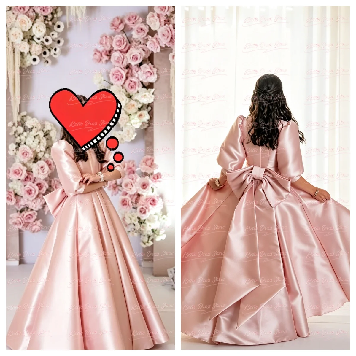 Elegant Bridesmaid Satin Dress For Women Balloon Sleeve A-line High Neck WIth Bow Birthday Party Evening Ball Gown Customized