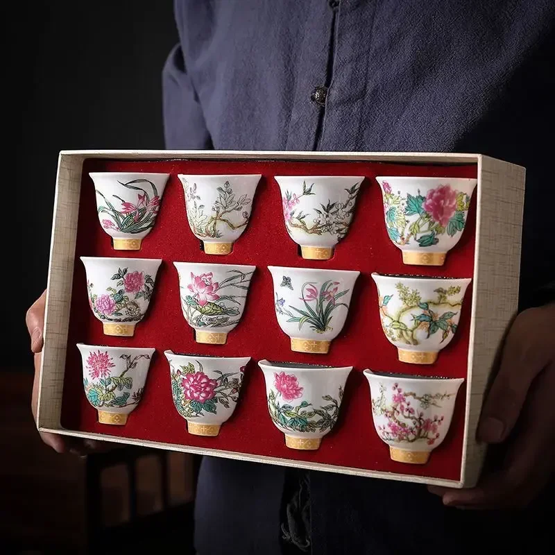 Pastel Enamel Kung Fu Tea Cup Set - Twelve Flower Gods 12-Piece Ceramic Teaware Gift Box for Host Chinese Pottery Teaware Bar