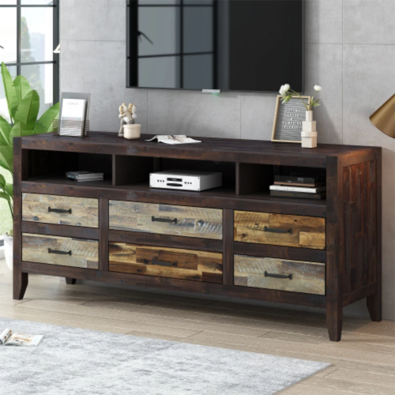 U-Can Retro Distressed Wooden TV Stand for TVs up to 65 Inches, Entertainment Center Media Console with 6 Drawers and 3 Shelves