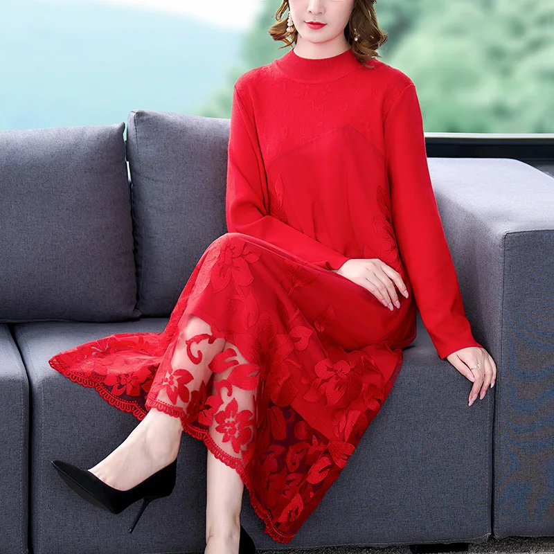 

2023 New Fashion Knitted Solid Color Dress Women's Autumn Long Sleeve Half High Neck Loose Fit Casual Warm Dress Vestidos