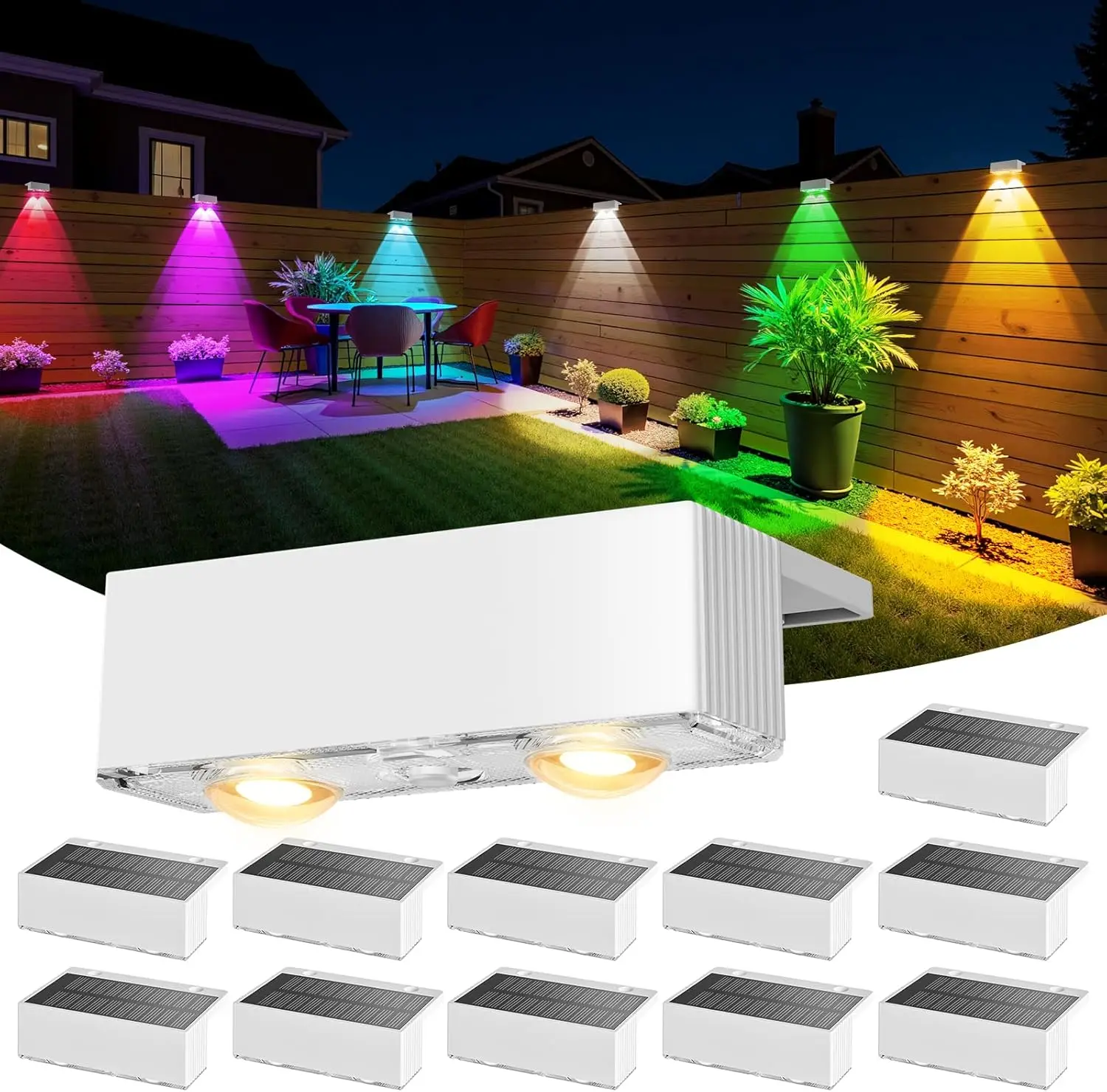 

12 Pack Solar Fence Lights, LED Outdoor Wall Lamp with 9 Color Modes, Waterproof for Backyard Pool Patio