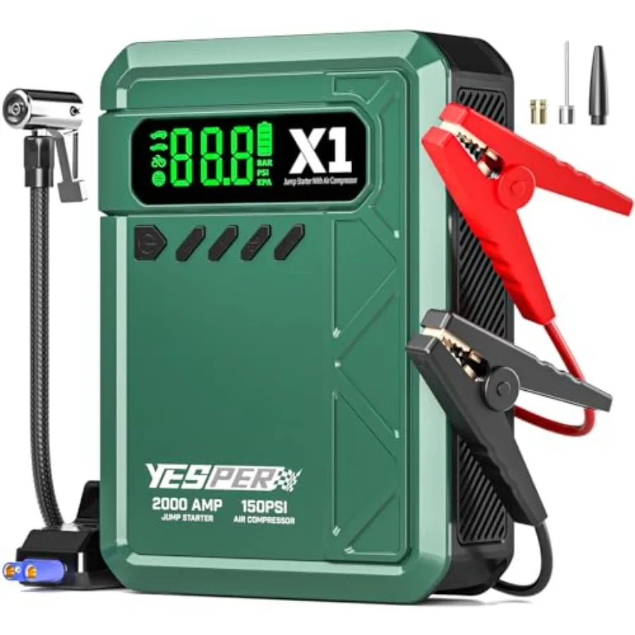 

Portable jump starter with air compressor for cars ABS plastic black 2000A peak current 150PSI inflation works with 8L gas/6L d