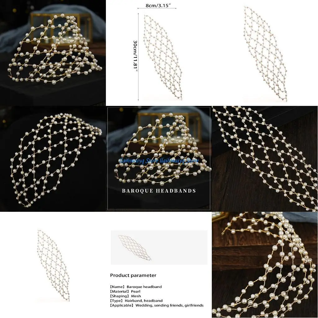 

573B Baroque Vintage Gold Pearl Mesh Hairband Headpiece Simple Hollow Out Headband