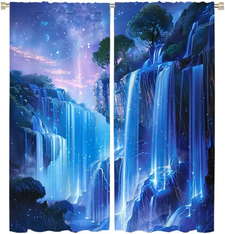 Dreamy Fantasy Waterfall Curtain Starry Night Nature Window Decor Polyester Curtain Panel Aesthetic Blue Forest Wallpaper Effect