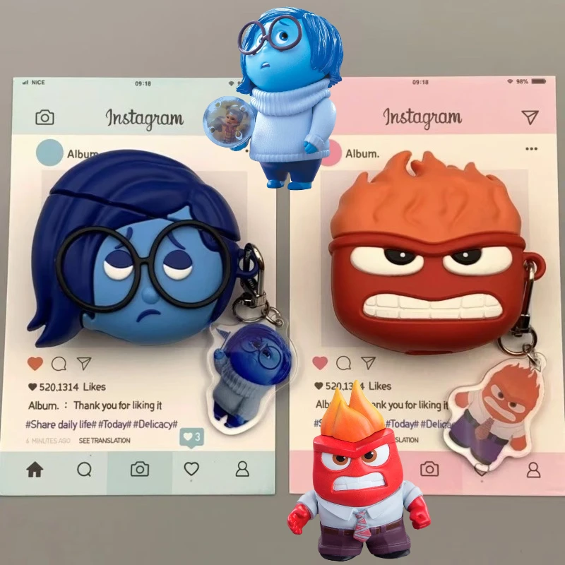 Inside Out 2 الحزن حقيبة سماعة الاذن لابل AirPods 4 3 2 1 Pro حافظة الغضب أنيمي لينة سيليكون غطاء للحماية مع هوك هدية
