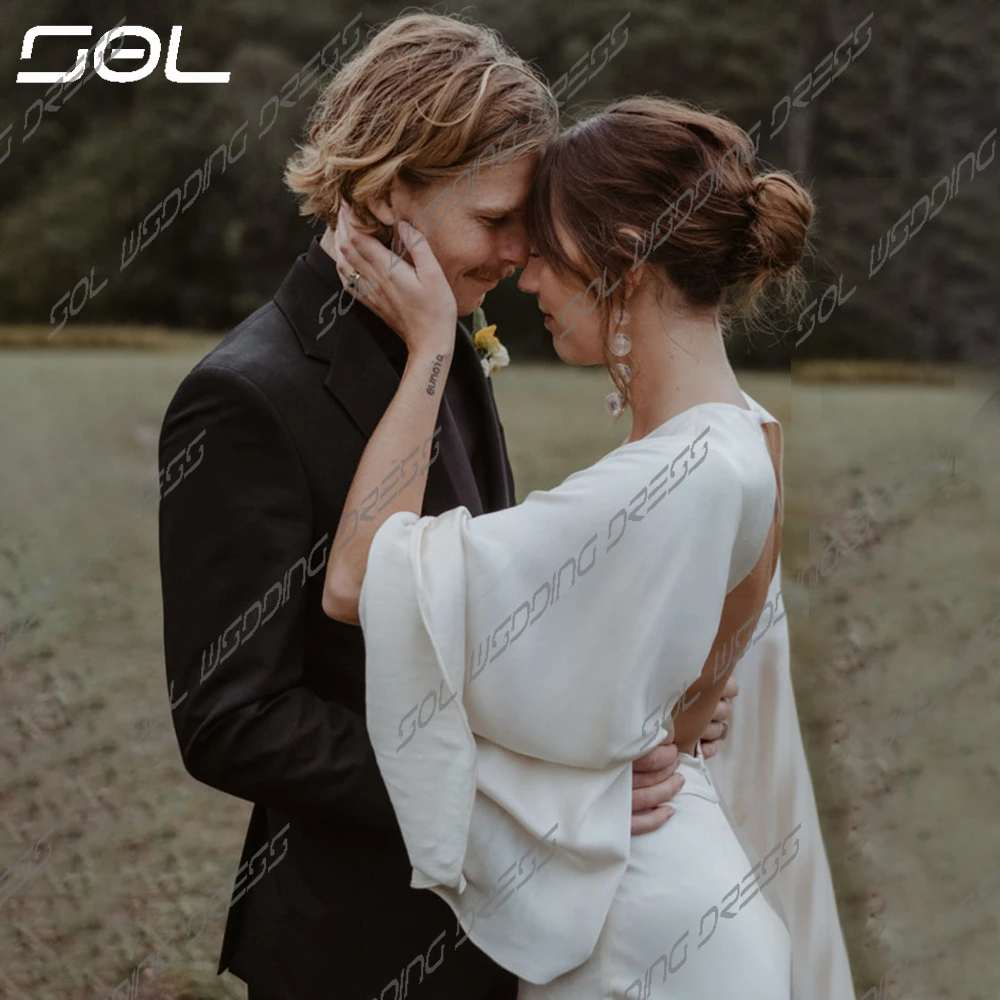 SOL-Robes de mariée élégantes en satin à col en V profond, manches longues chauve-souris, dos sexy, longueur au sol, patients, quelle que soit Boho VestiEducational De Novia