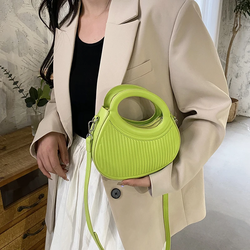 Half Moon Small Shoulder Bag For Women 2023 Spring New Green Purple Handbags Pleated Design Pu Leather Crossbody Round Hand Bag