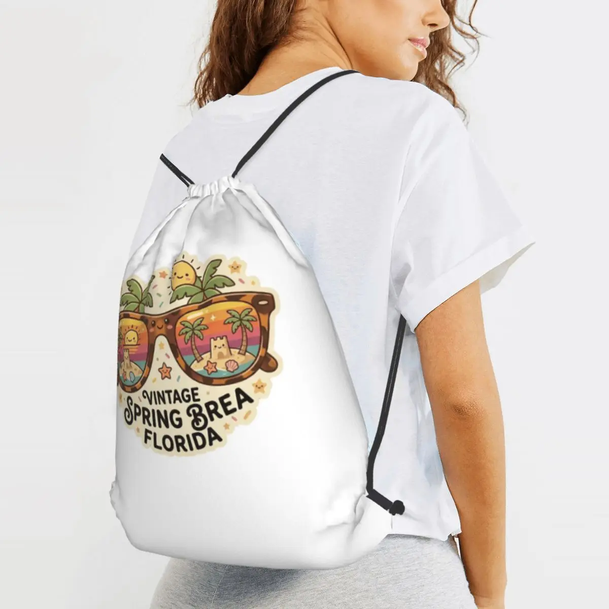 Spring Break Florida - Retro Sunset Sunglasses Backpacks Casual Drawstring Bundle Pocket Sundries Bag Book Bags for Man Woman