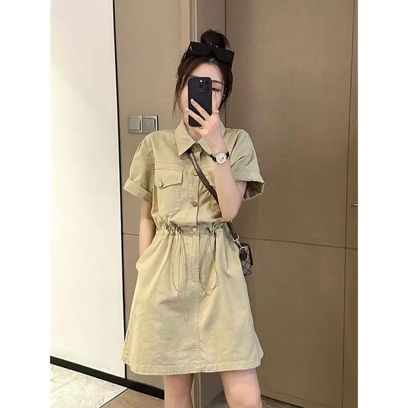 

plus Size 300 Pounds Korean Style Casual Workwear Short Sleeve Dress Women Summer Waist Cinching Rope A-Line Midi Skirt