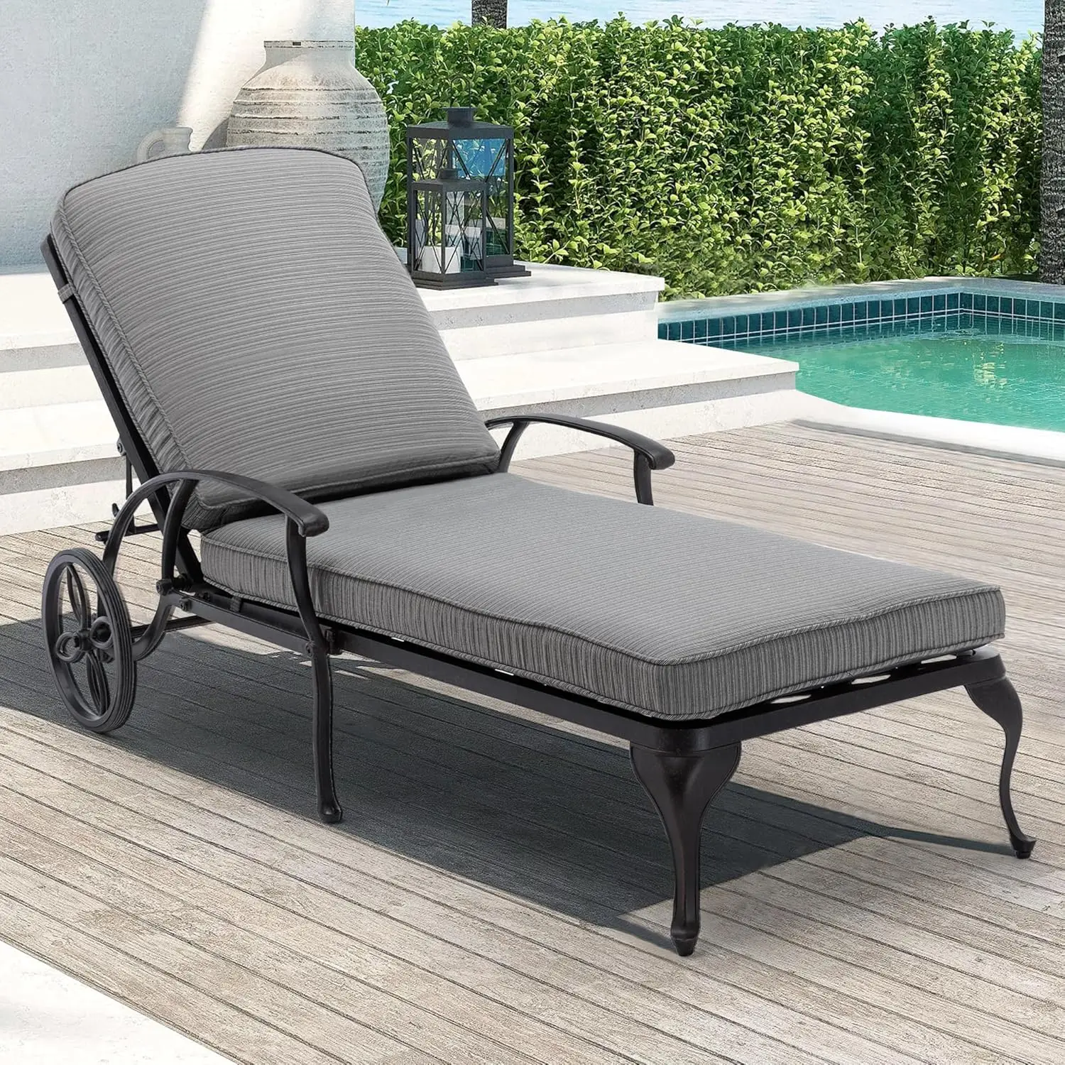 

Outdoor Chaise Lounge Chair Adjustable Backrest Poolside Beach Patio Cast Aluminum Frame Grey Cushion 1Pack, Customized