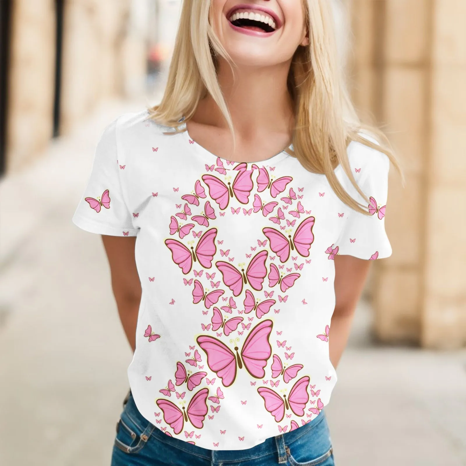 

Women's Pink Printed Short Sleeve O Neck T Shirt Blouse Breast Cancer Printed T-shirt International Publicity Month Casual Tops