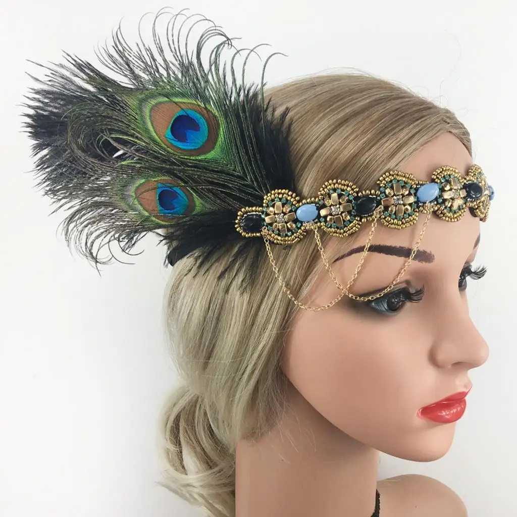 Women Feather Headband 20s Beaded Fascinator Headpiece Bridal Prom Headwear