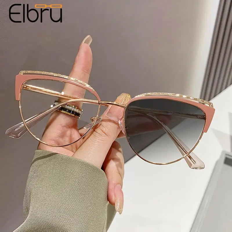 Elbru Vintage Metal Photochromic Glasses Frame Women Men Anti Blue Light Cateye Eyewear Unisex Discolored Spectacles Eyeglasses