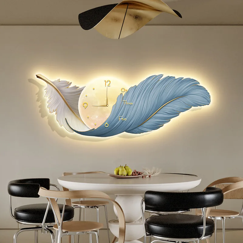 Light luxury feather living room decoration painting with clock sofa background wall hanging painting bedroom LED light painting