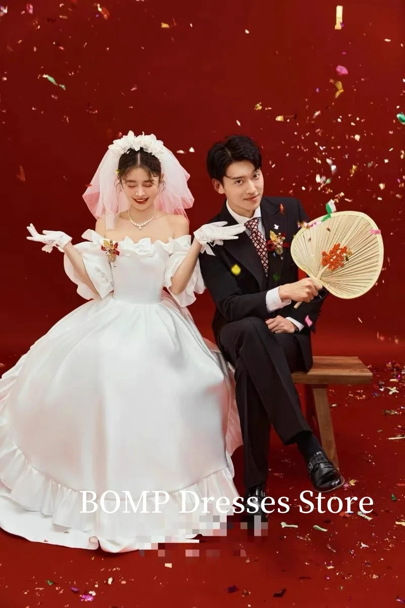 BOMP Vintage cuello cuadrado una línea vestidos de novia sesión de fotos Japón Puff mangas cortas vestidos de novia bata de mariage personalizado 2025