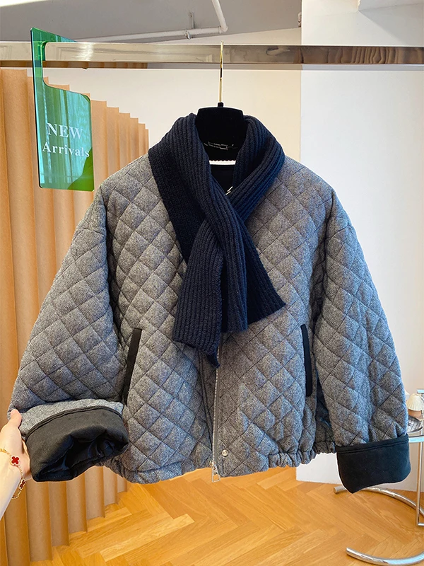

Ladies' Winter Thickened Cotton Jacket Korean Style Loose Fit Diamond Patterned Woolen Coat with Scarf Long Sleeve Zipper Clo...