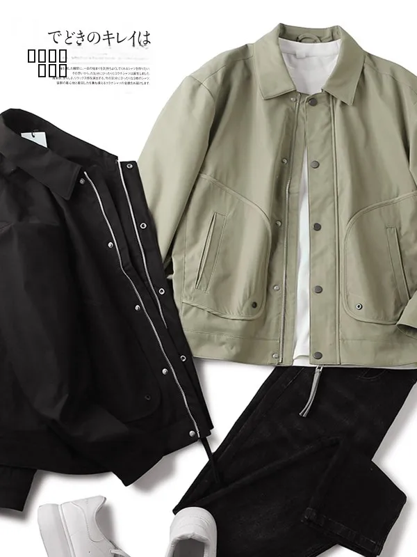 

Retro American Texture Windproof Breathable Loose Casual Workwear Collar Jaet Men's Spring Autumn Faion Urban Polyester F...